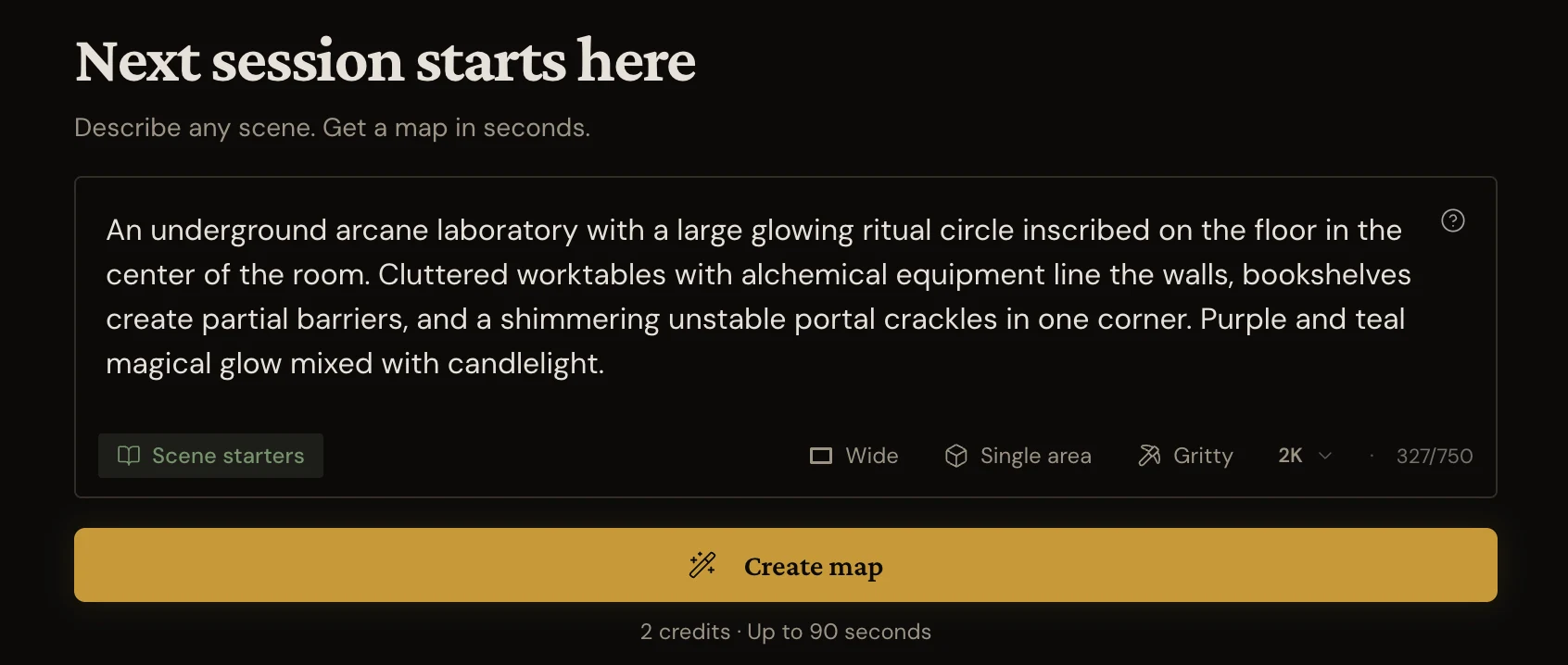 NeedAMap create page with a scene description typed in and the control row showing ratio, scope, style, and resolution