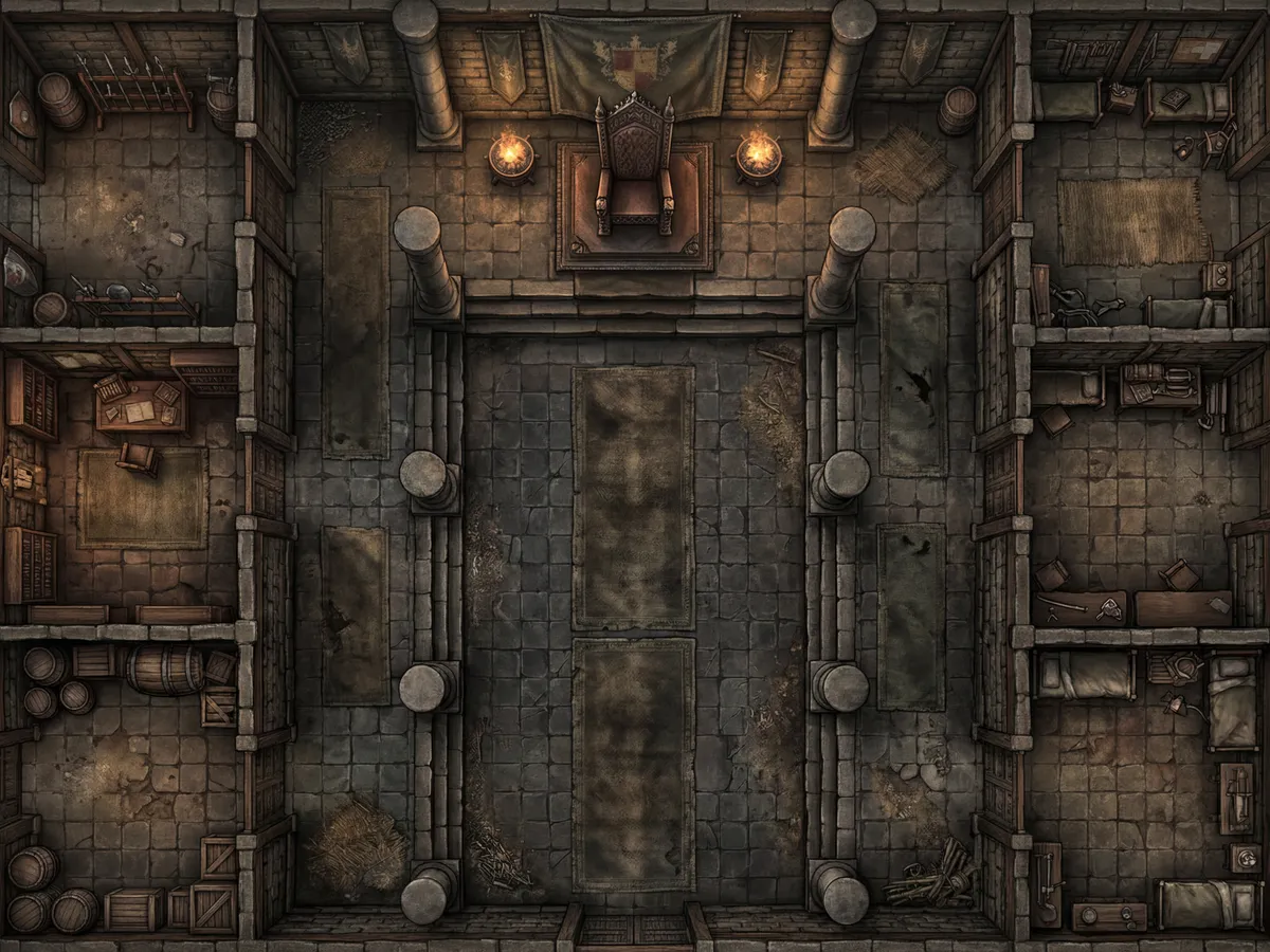 The same throne room battle map in the Gritty style: weathered, muted, heavy texture