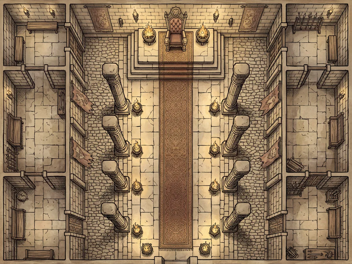 The same throne room battle map in the Ink style: hand-drawn linework on aged parchment