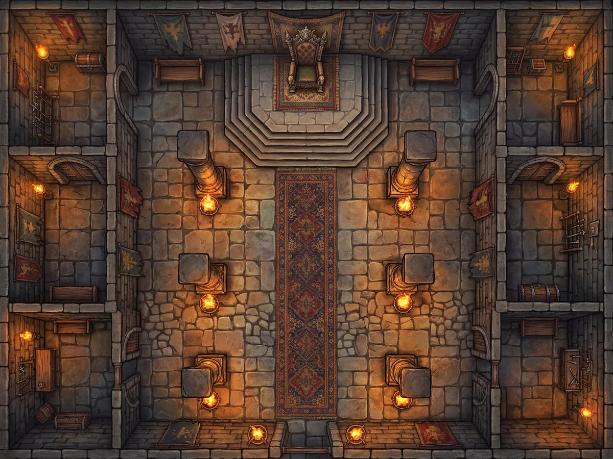 A throne room battle map in the Painted style: vibrant illustrated color
