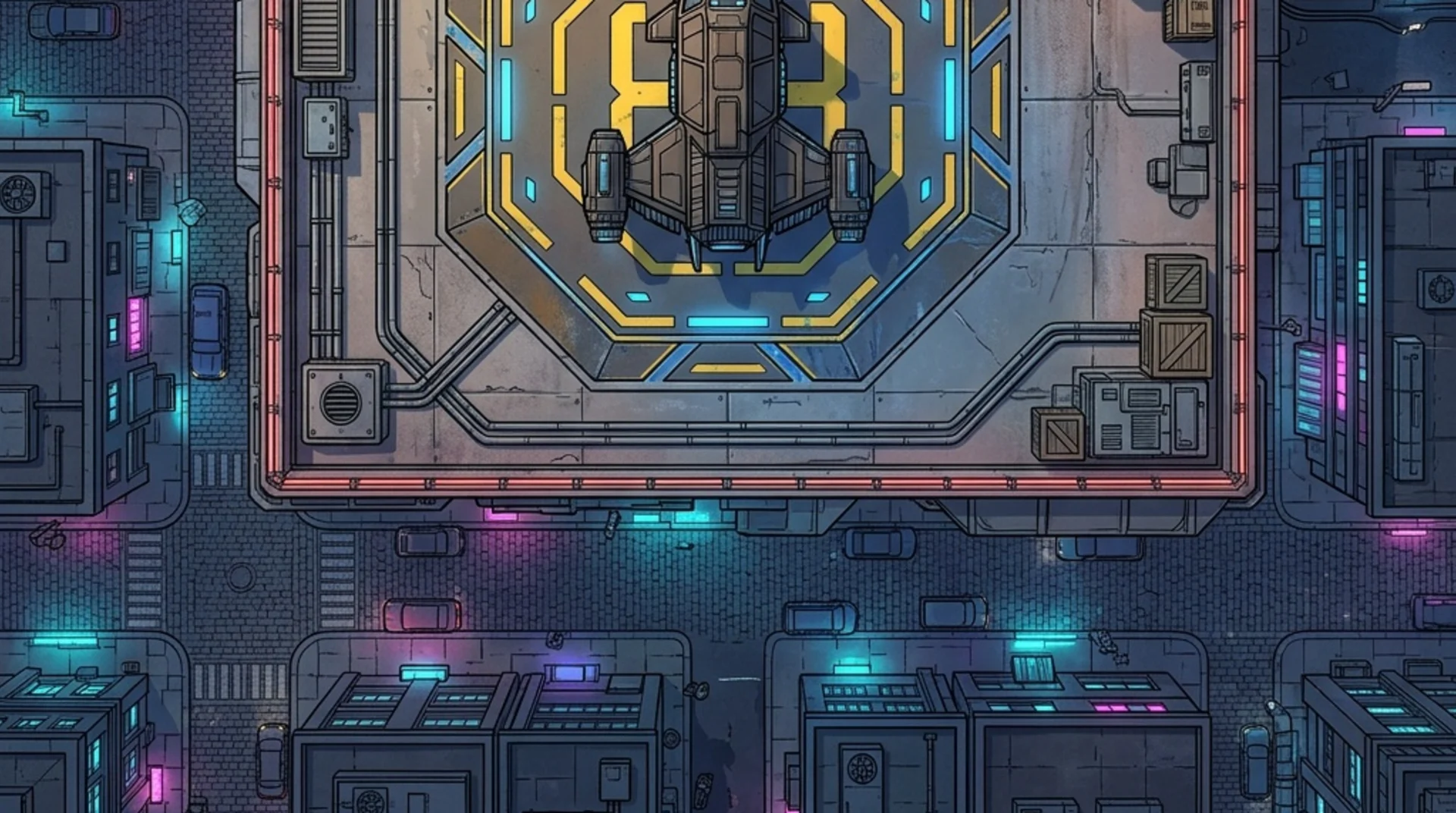 Rooftop landing pad battle map, shown behind the sign-up call to action