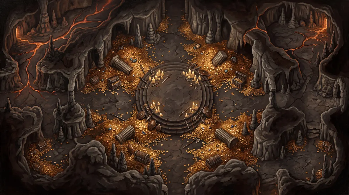 A volcanic cavern piled with treasure: top-down fantasy battle map