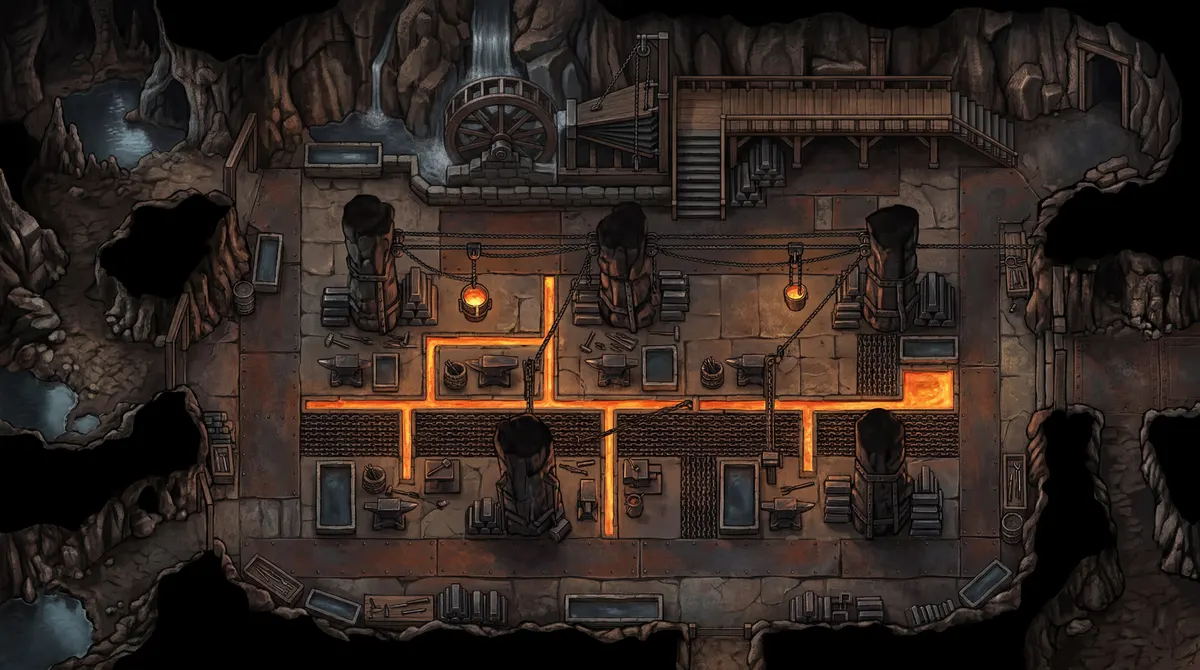 An underground forge hall with molten metal channels: top-down battle map