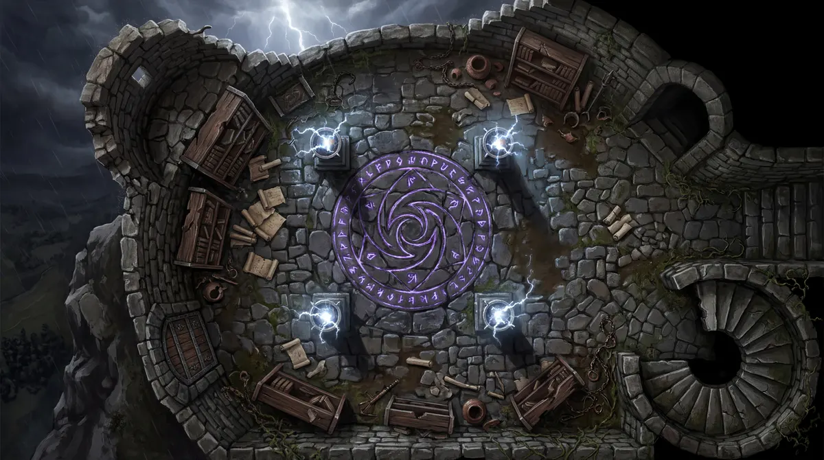 A tower-top ritual chamber with an arcane circle: top-down arena map