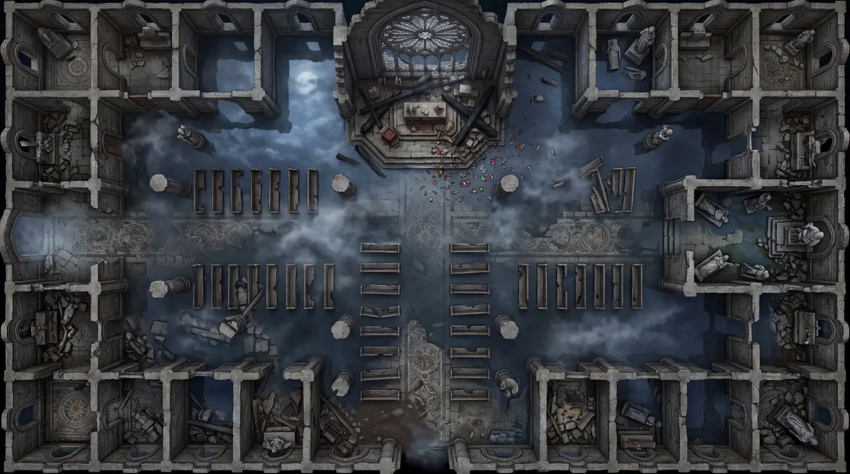 A flooded ruined cathedral by moonlight: top-down gothic battle map