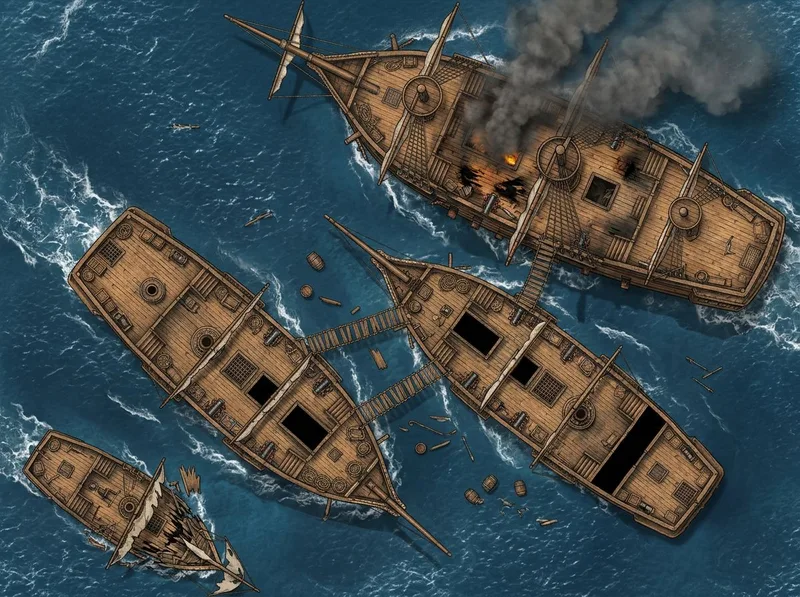 Four sailing ships in a sea battle with rope bridges and a burning flagship: top-down battle map
