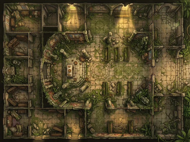 Crumbling jungle temple with vines and golden light shafts: top-down battle map
