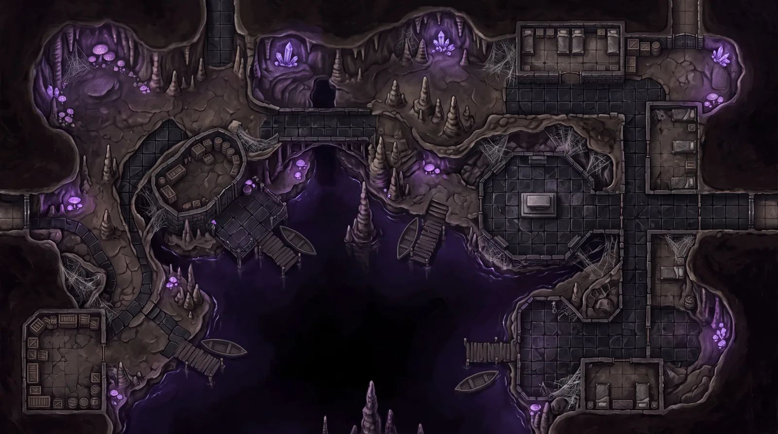 Drow city on a cavern lake with purple glow, spider webs, and black spires: cinematic 4K battle map