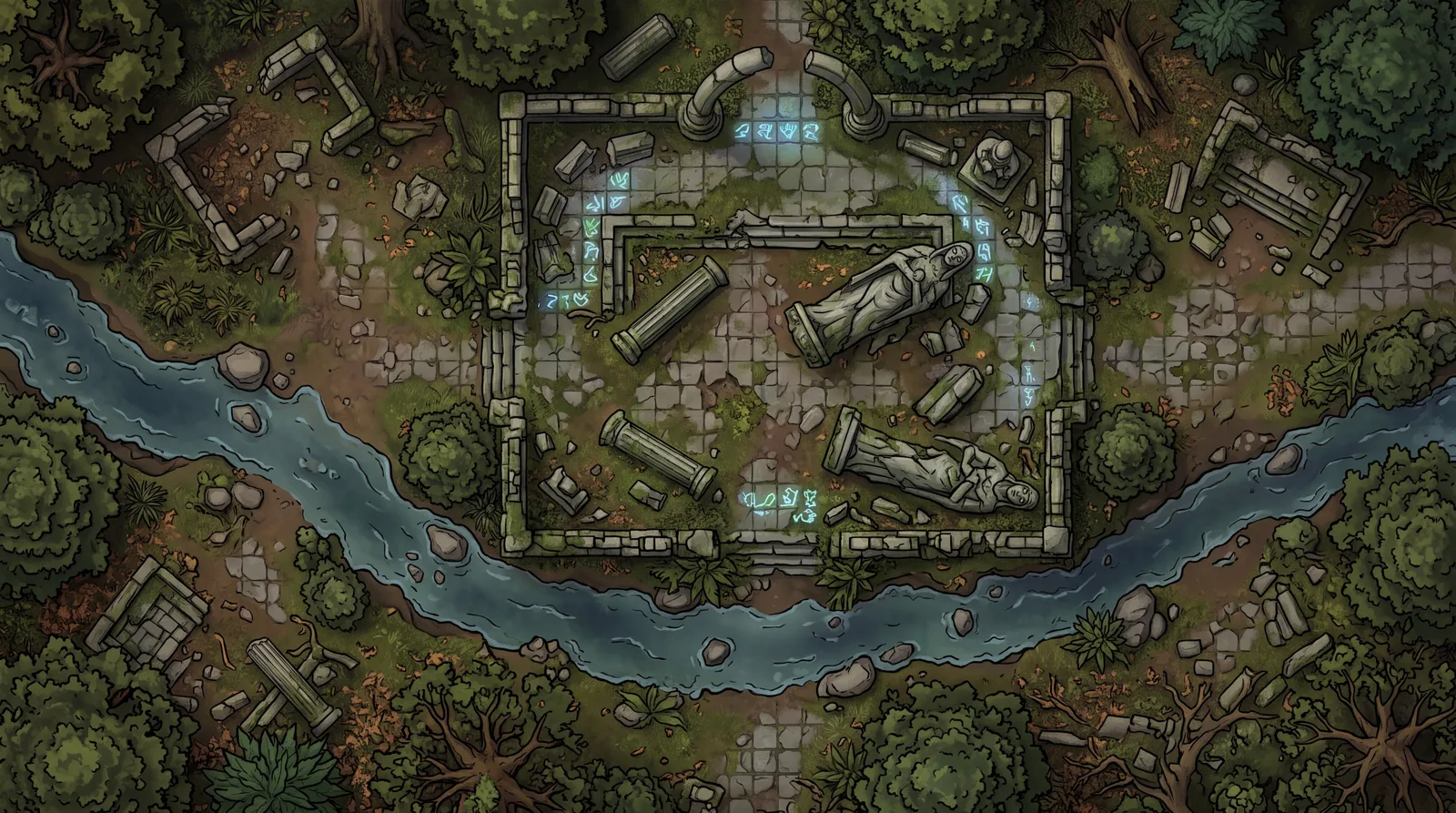 Elven ruins with glowing runes, fallen statues, and a forest stream: cinematic 4K battle map made from an eight-word description