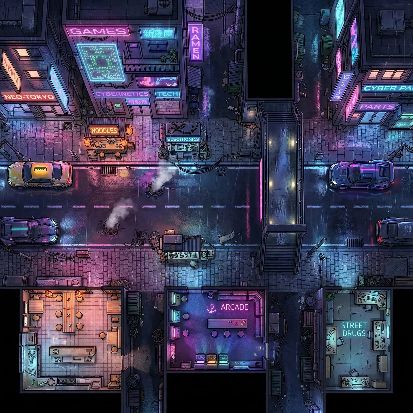 Rain-slicked cyberpunk street with neon signs and hovercars: battle map for an Owlbear Rodeo scene