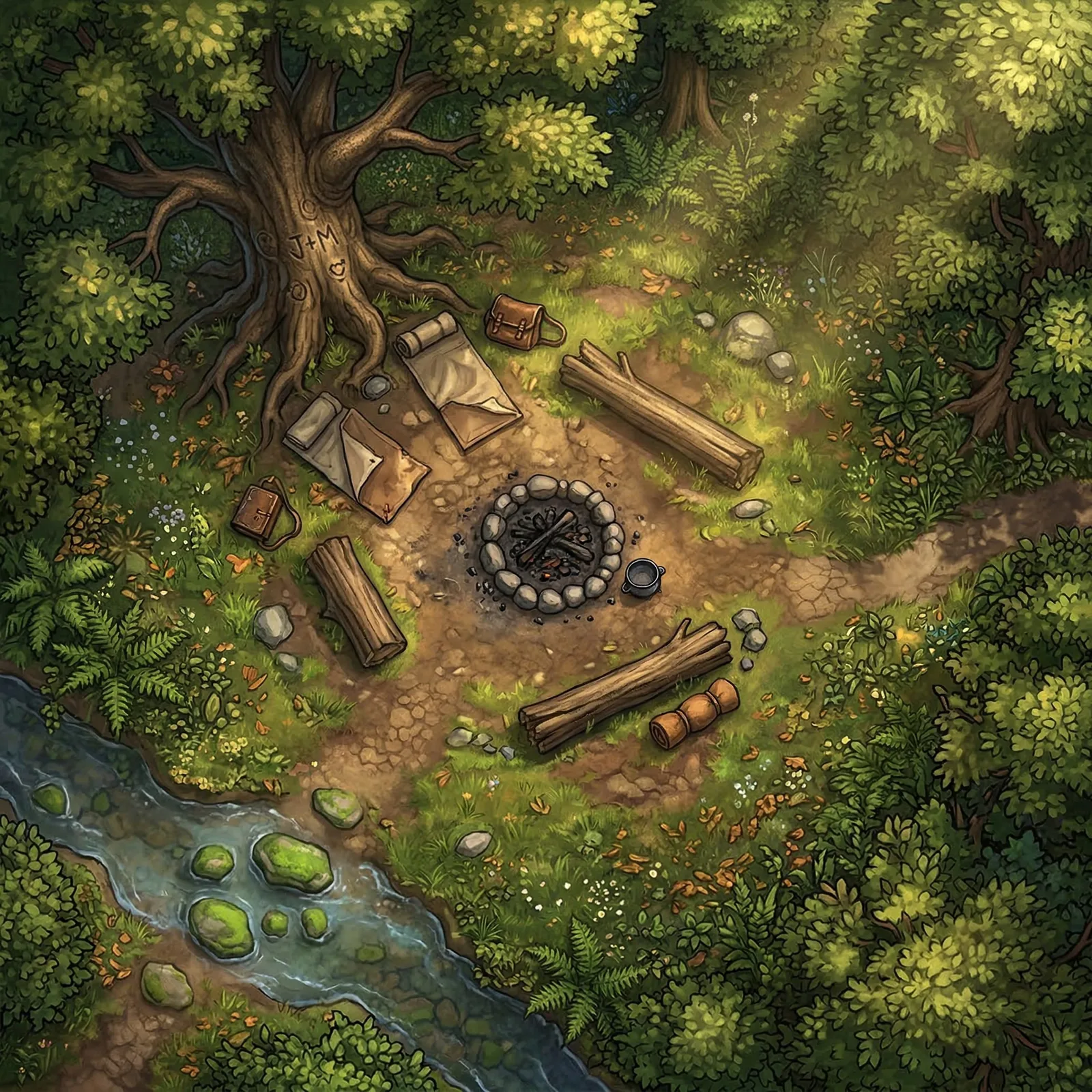 Sun-dappled forest clearing with a campsite, fire ring, and stream: battle map for an Owlbear Rodeo scene