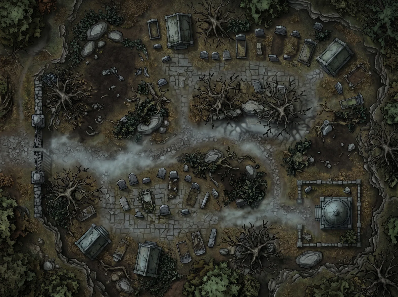 Midnight graveyard with mausoleums, dead trees, and ground fog: battle map for an Owlbear Rodeo scene