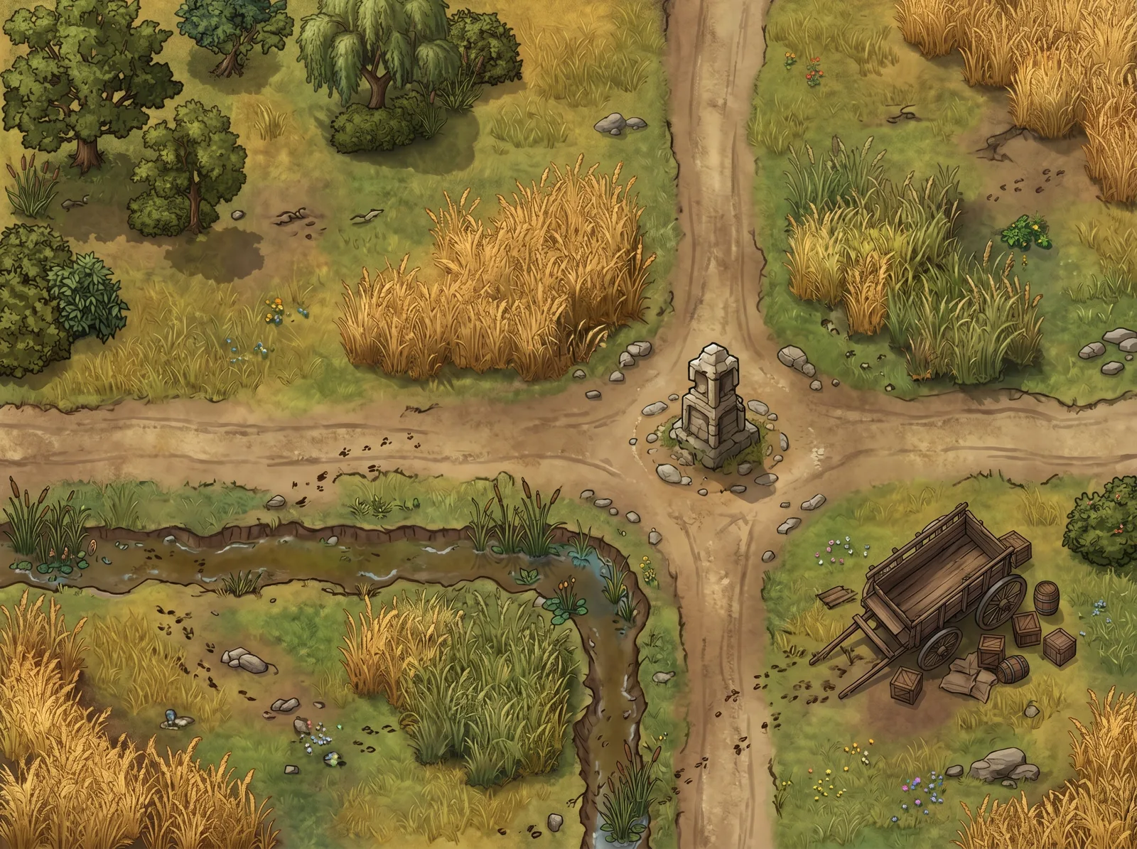 Grassland crossroads with a stone waystone and an overturned cart: battle map for an Owlbear Rodeo scene