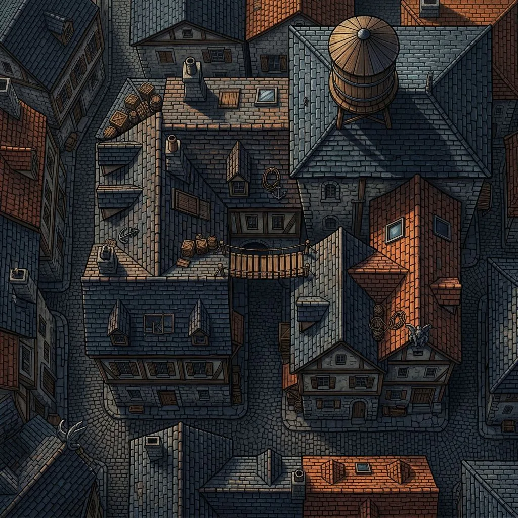 Moonlit medieval rooftops at three heights with a plank bridge and water tower: battle map for an Owlbear Rodeo scene
