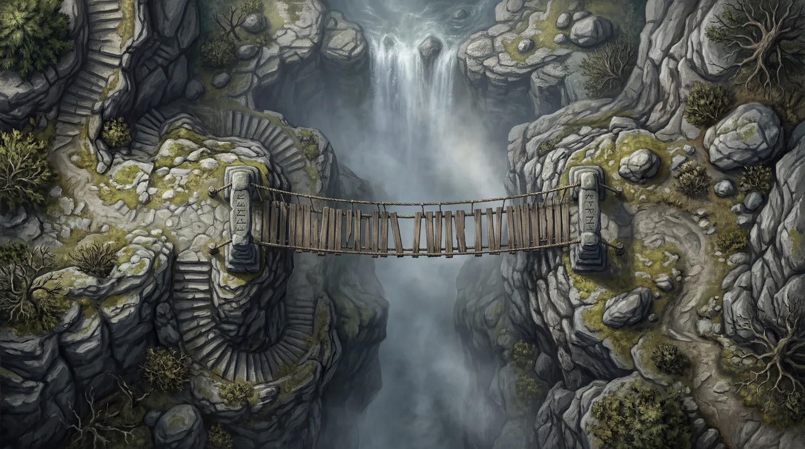 Rope-and-plank bridge over a river gorge with a waterfall: cinematic 4K battle map for Roll20