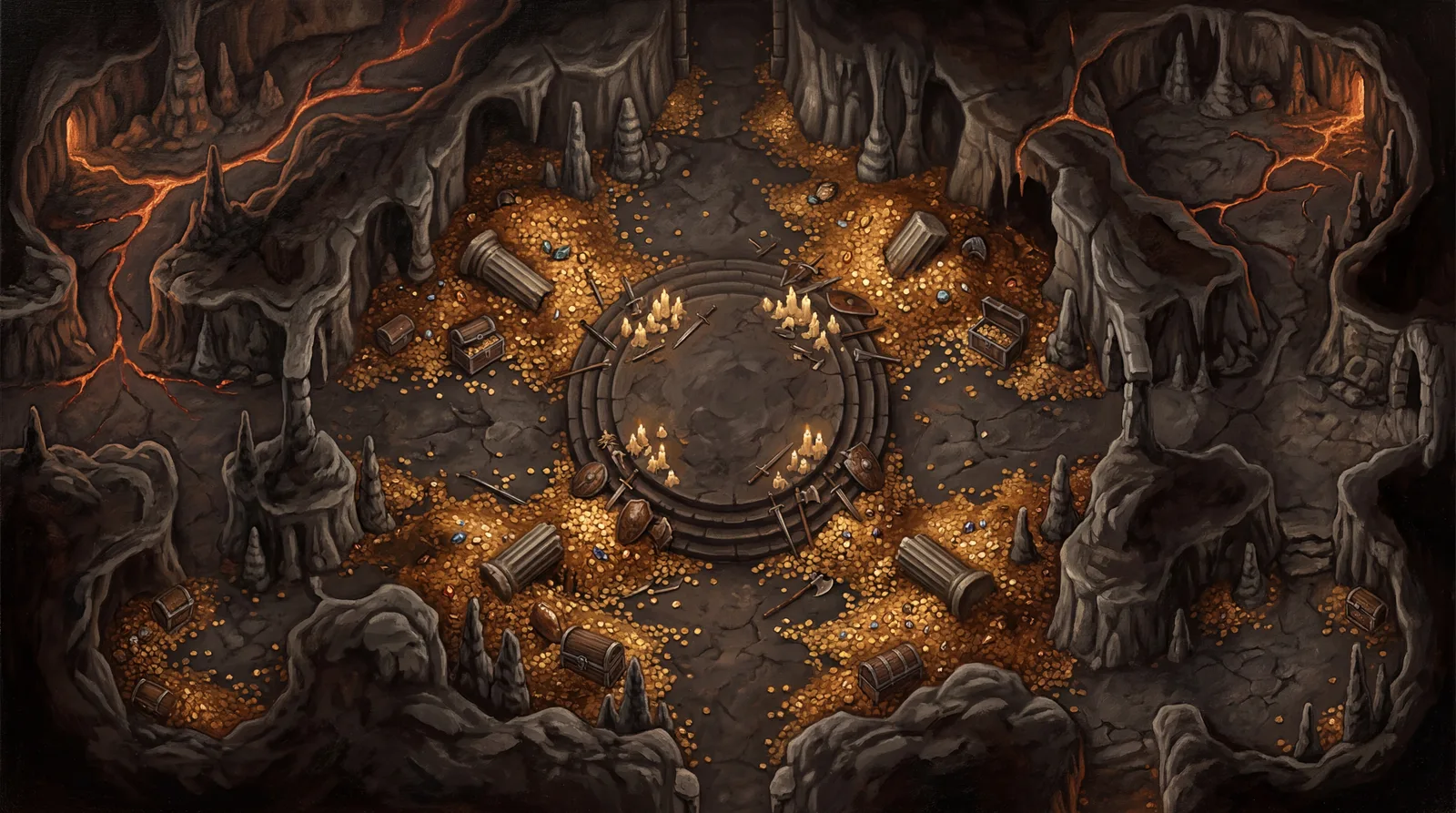 Volcanic cavern heaped with gold and a central dais: cinematic 4K battle map for Roll20