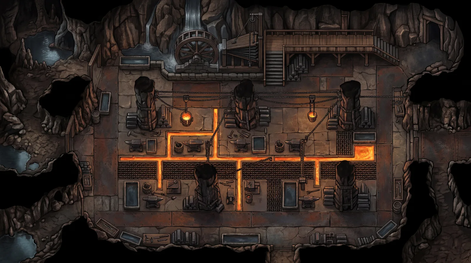 Underground dwarven forge hall with molten metal channels: cinematic 4K battle map for Roll20
