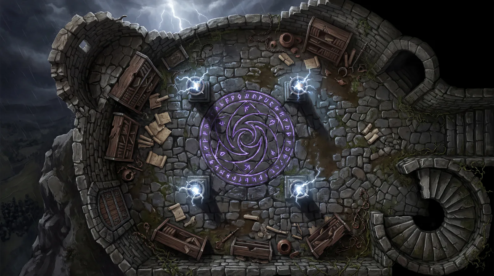 Storm-lit ritual chamber atop a ruined tower with an arcane circle and brazier pillars: cinematic 4K battle map for D&D