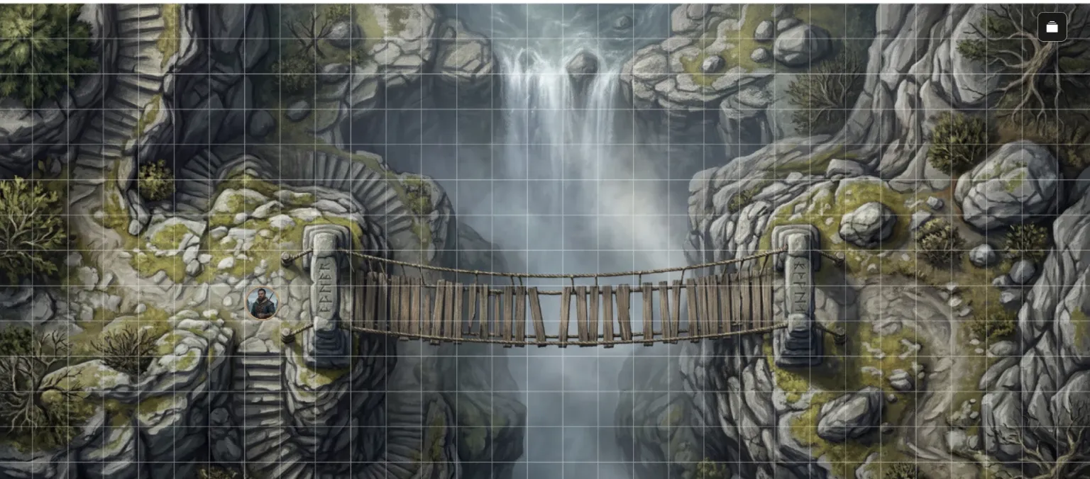NeedAMap chasm bridge map on a Roll20 page with the grid aligned and a character token on the near bank