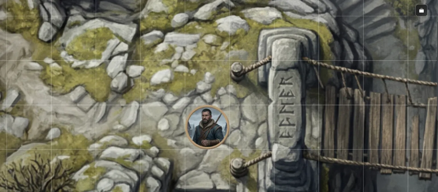 Roll20 page zoomed in on the chasm bridge map, showing stonework and rune carving detail beside a token