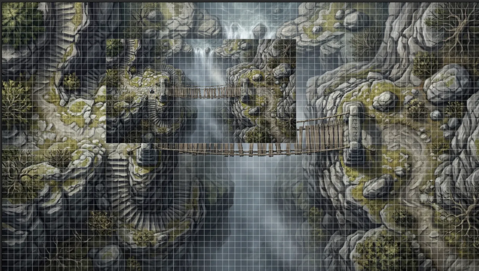 The same map twice on a Roll20 page: dropped at native pixel size behind and stretched to a 14-square page in front
