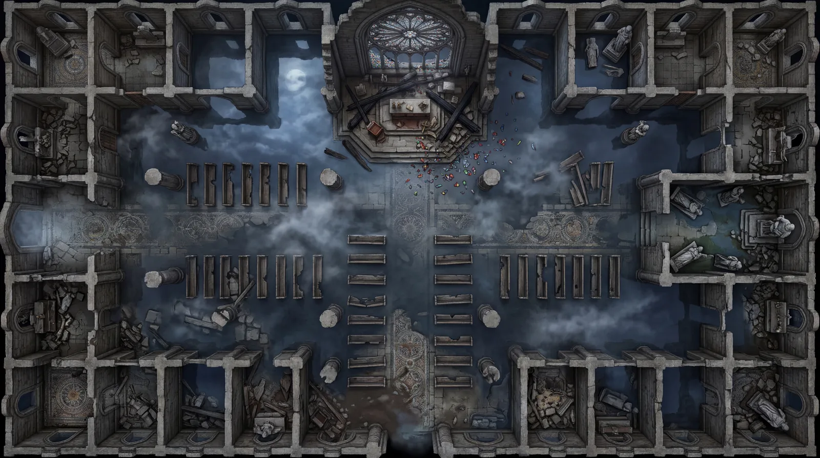 Ruined flooded cathedral under moonlight: cinematic 4K battle map for Roll20
