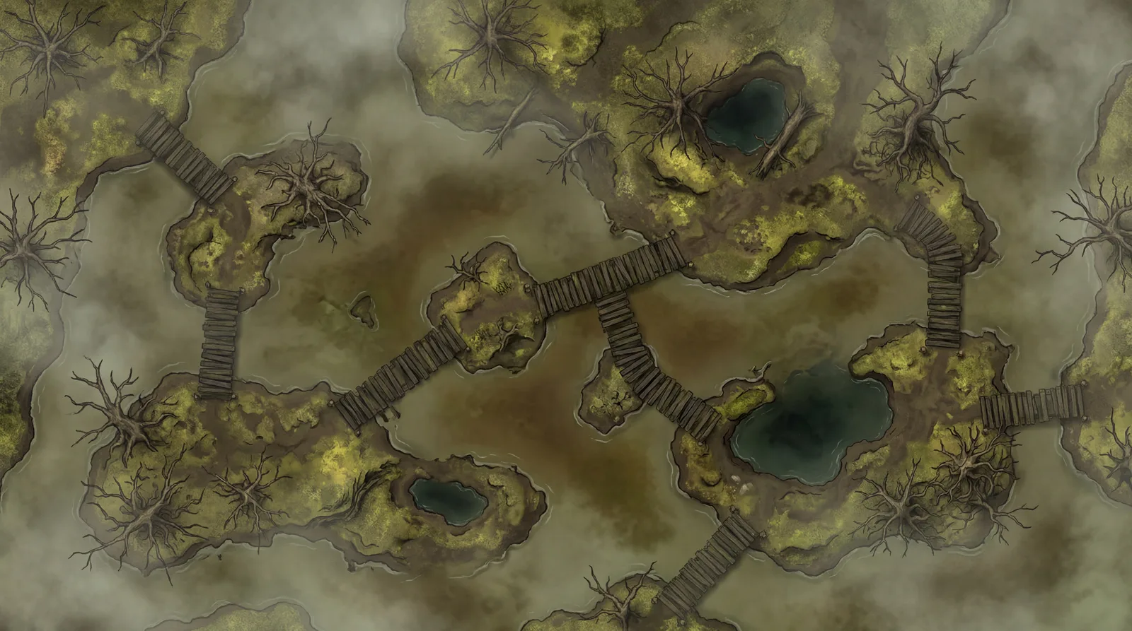 Foggy swamp with rotting walkways between muddy islands: cinematic 4K battle map for Roll20