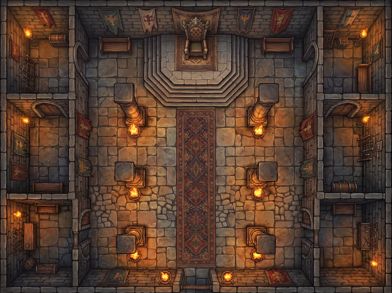 Pillared throne room with a raised dais lit by braziers: 4K battle map for Roll20